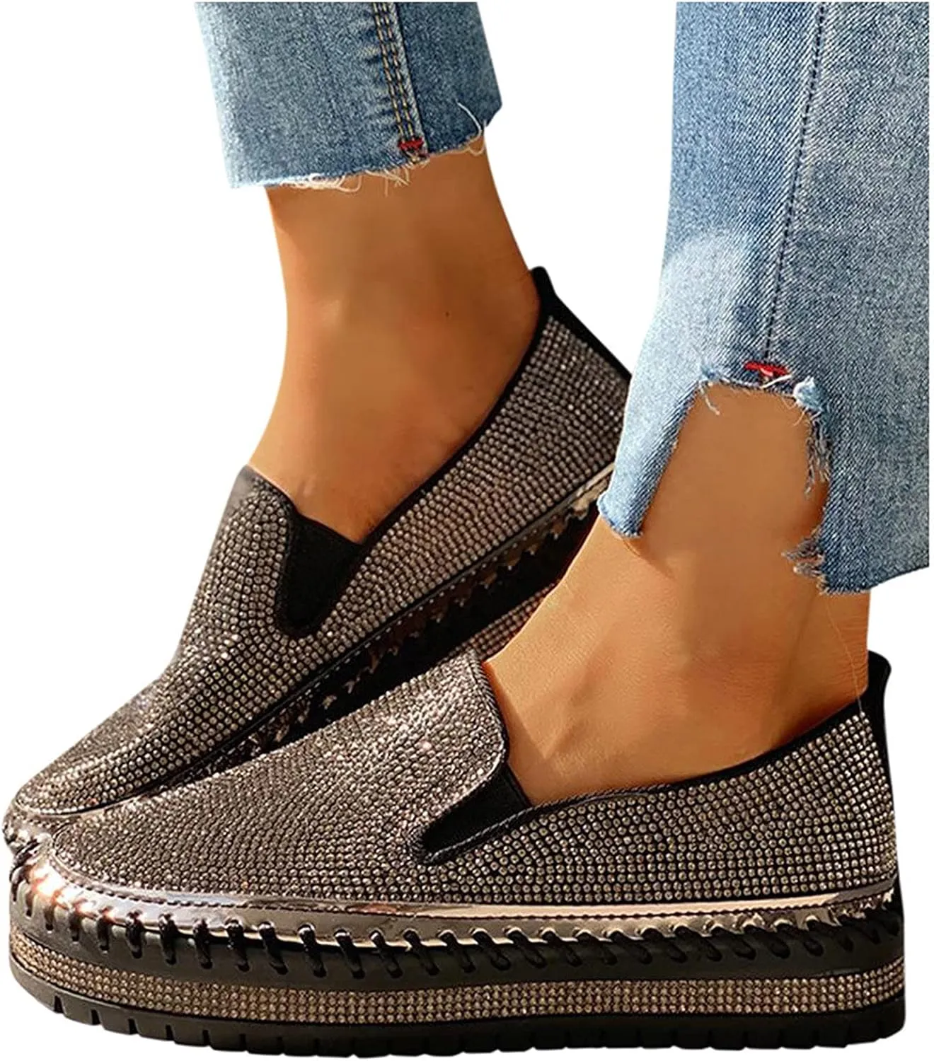 Women's Platform Slip-on Sneakers Round Toe Low Cut Thick Sole Slip On Rhinestones Shoes Flats Flat Skate Walking Shoes