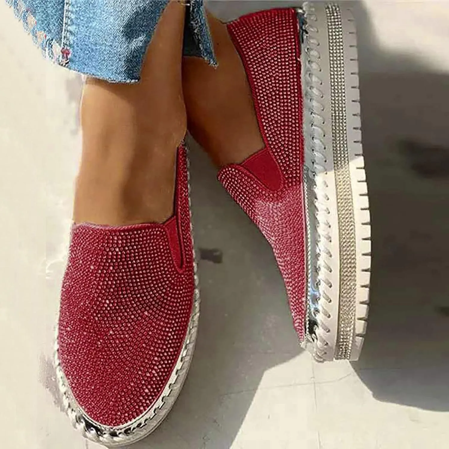 Women's Platform Slip-on Sneakers Round Toe Low Cut Thick Sole Slip On Rhinestones Shoes Flats Flat Skate Walking Shoes