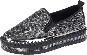Women's Platform Slip-on Sneakers Round Toe Low Cut Thick Sole Slip On Rhinestones Shoes Flats Flat Skate Walking Shoes