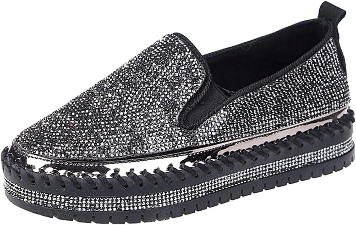 Women's Platform Slip-on Sneakers Round Toe Low Cut Thick Sole Slip On Rhinestones Shoes Flats Flat Skate Walking Shoes