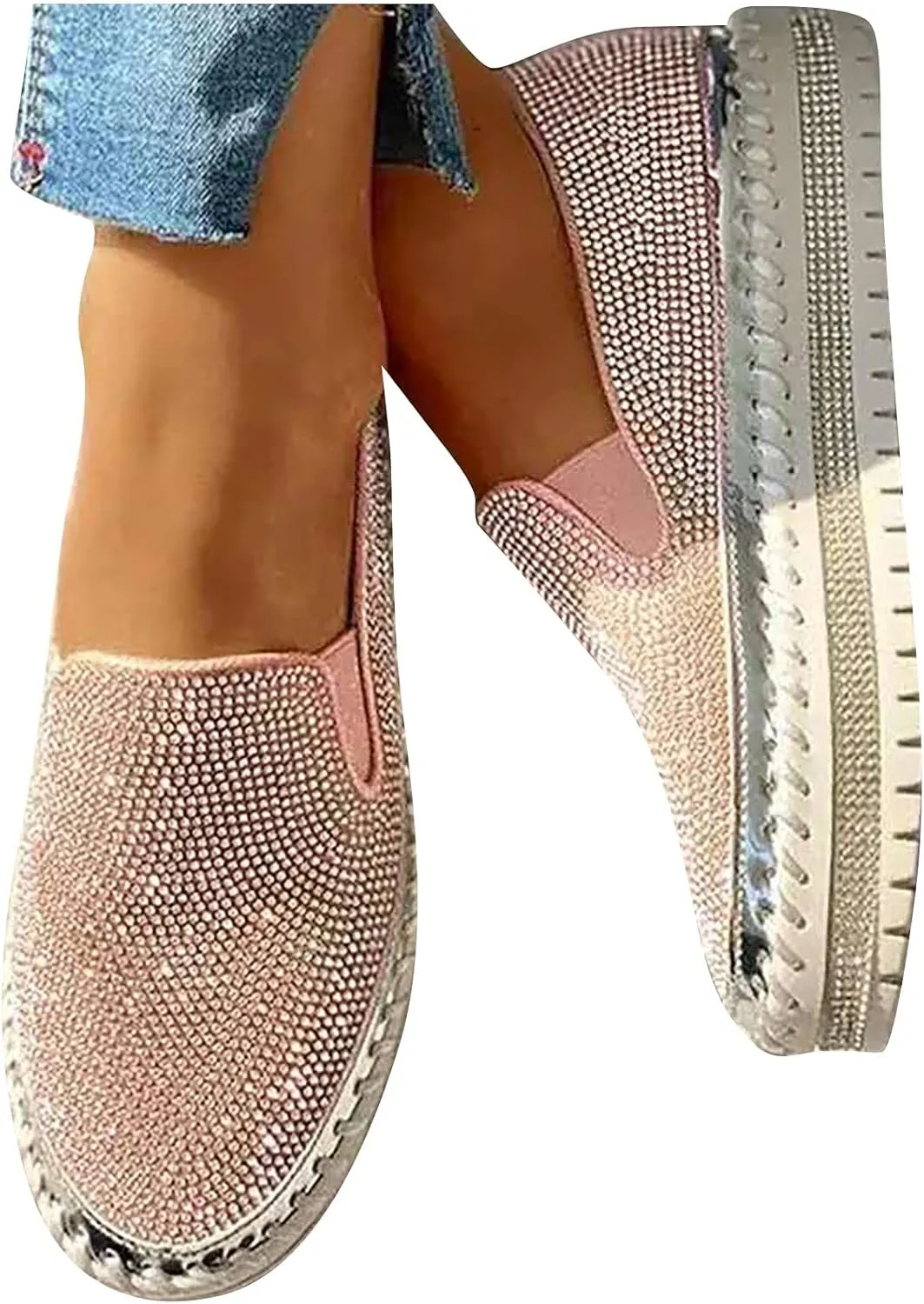 Women's Platform Slip-on Sneakers Round Toe Low Cut Thick Sole Slip On Rhinestones Shoes Flats Flat Skate Walking Shoes