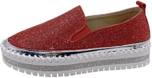 Women's Platform Slip-on Sneakers Round Toe Low Cut Thick Sole Slip On Rhinestones Shoes Flats Flat Skate Walking Shoes