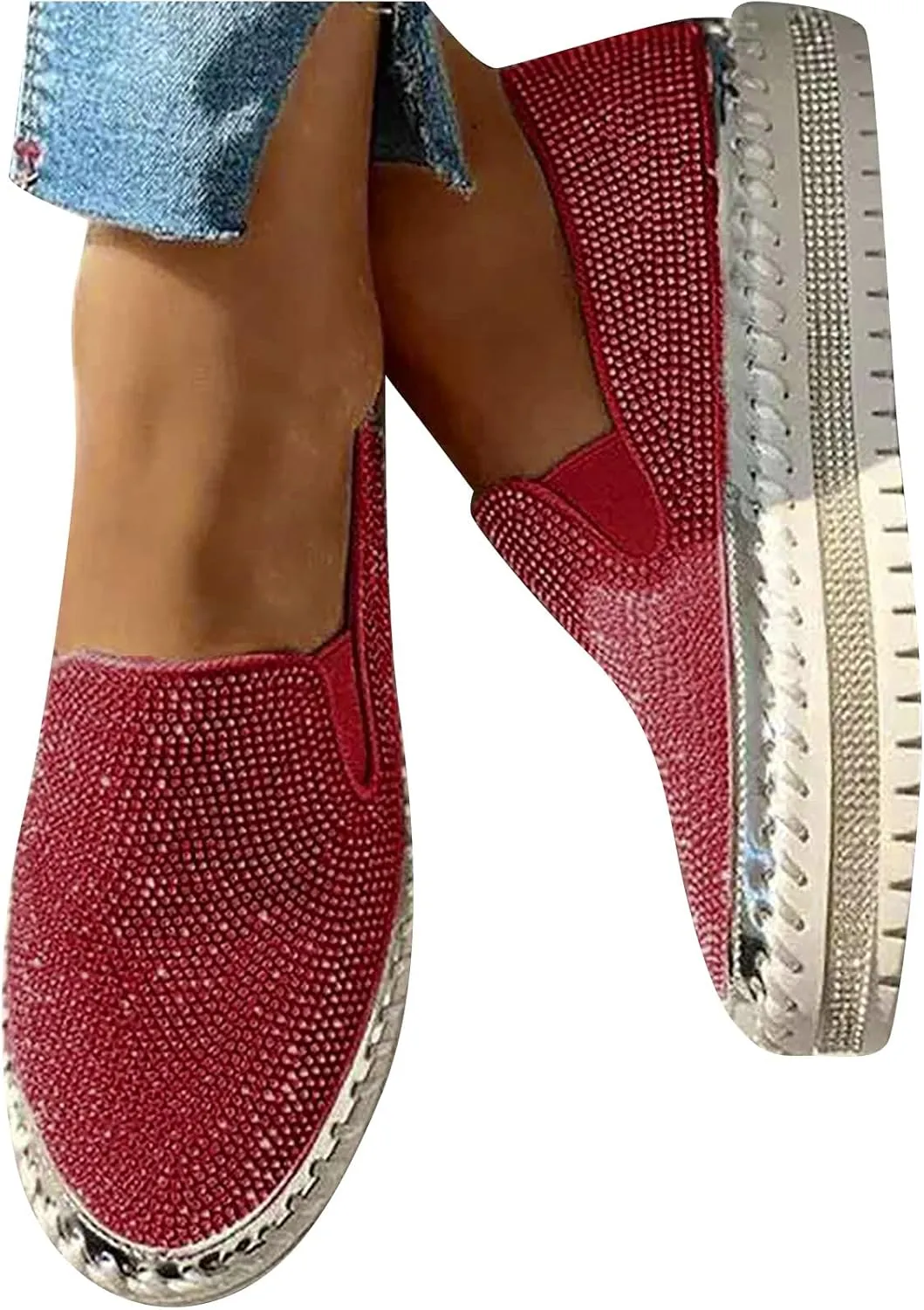 Women's Platform Slip-on Sneakers Round Toe Low Cut Thick Sole Slip On Rhinestones Shoes Flats Flat Skate Walking Shoes