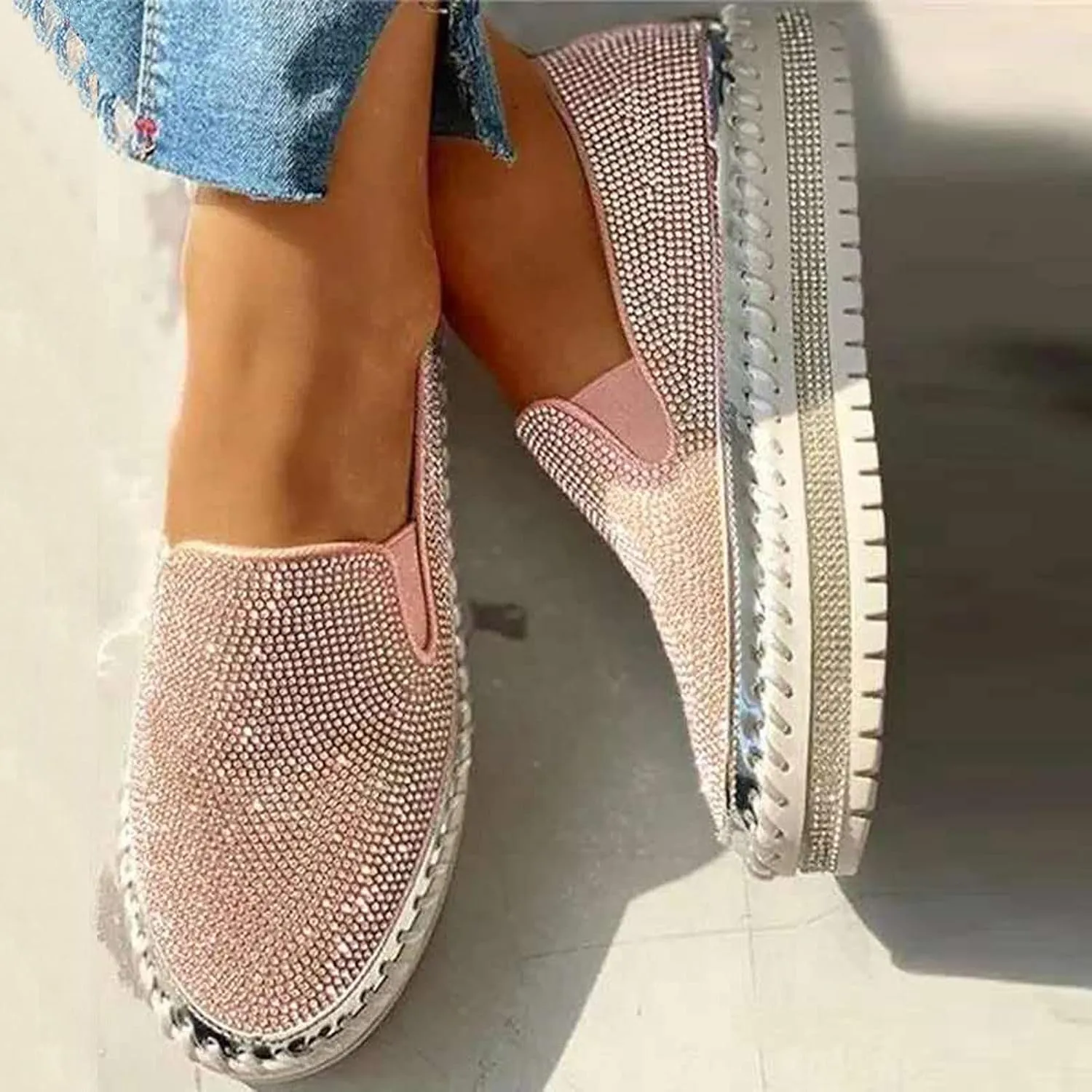 Women's Platform Slip-on Sneakers Round Toe Low Cut Thick Sole Slip On Rhinestones Shoes Flats Flat Skate Walking Shoes