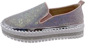 Women's Platform Slip-on Sneakers Round Toe Low Cut Thick Sole Slip On Rhinestones Shoes Flats Flat Skate Walking Shoes