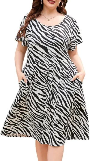Women's Plus Size Summer Casual Short Sleeve Swing Dress Flowy Tiered Midi Beach Dress with Pockets