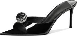 Women's Pointed Open Toe Mule Heels Rhinestone Stilettos Heeled Mules Dressy Slip On High Heels