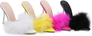 Women's Pointed Toe Feathers High Heels Fur Mules Sandals Fuzzy Fluffy Slipper Cute Furry Wedding Birthday Bridal Party Dress Shoes Sandalsel Female Summer Outside