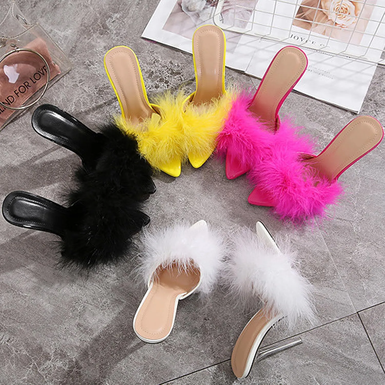 Women's Pointed Toe Feathers High Heels Fur Mules Sandals Fuzzy Fluffy Slipper Cute Furry Wedding Birthday Bridal Party Dress Shoes Sandalsel Female Summer Outside