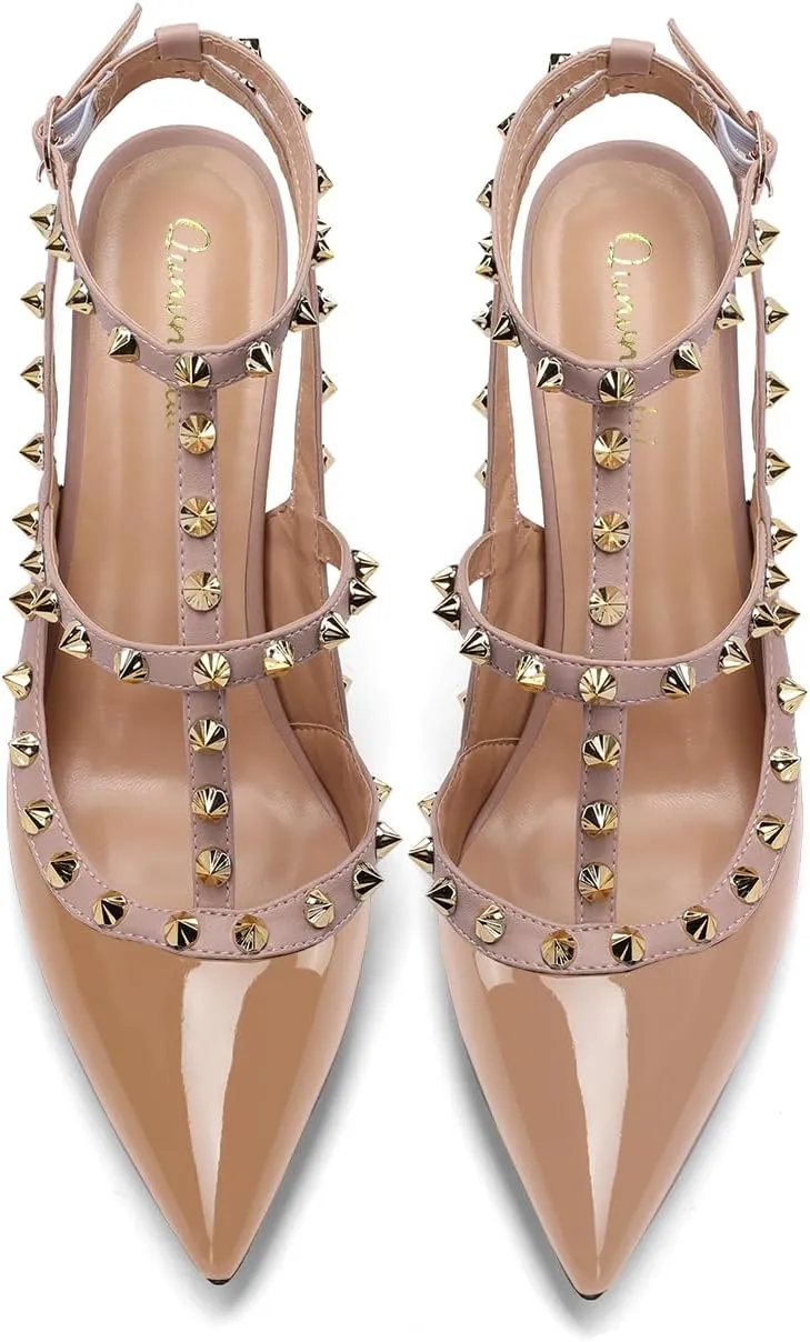 Womens Pointed Toe Rivets Ankle Strap Hollow Buckle Back Strap 3.9in Stiletto High Heels Sandals Parties Banquets Sexy Dressy Shoes