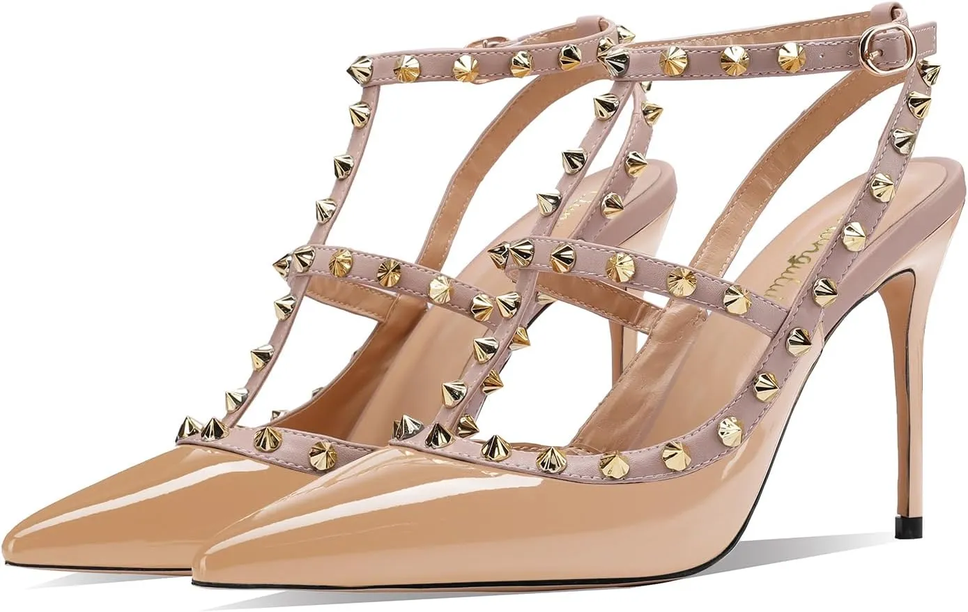 Womens Pointed Toe Rivets Ankle Strap Hollow Buckle Back Strap 3.9in Stiletto High Heels Sandals Parties Banquets Sexy Dressy Shoes