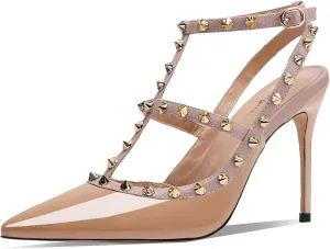 Womens Pointed Toe Rivets Ankle Strap Hollow Buckle Back Strap 3.9in Stiletto High Heels Sandals Parties Banquets Sexy Dressy Shoes
