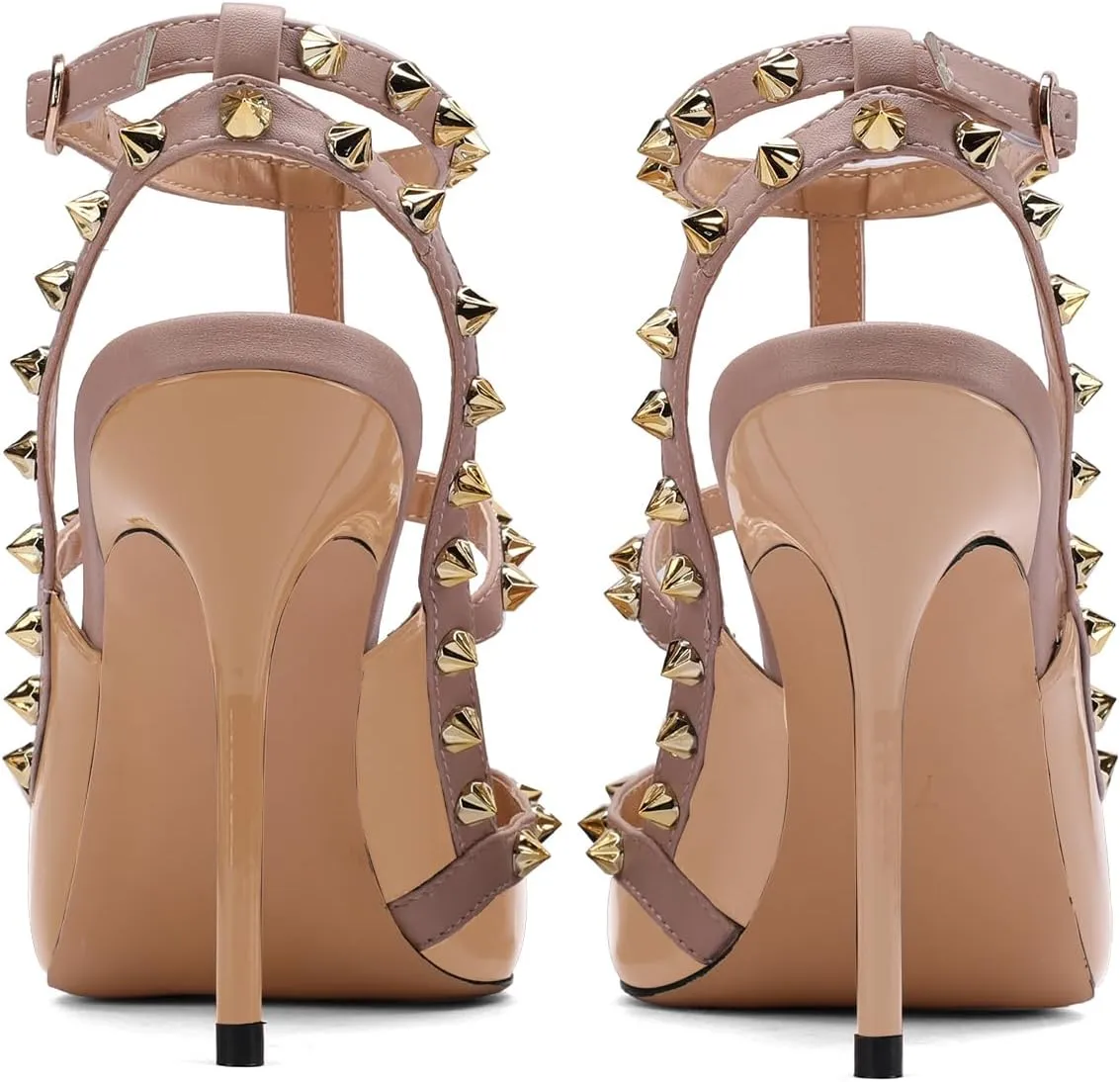 Womens Pointed Toe Rivets Ankle Strap Hollow Buckle Back Strap 3.9in Stiletto High Heels Sandals Parties Banquets Sexy Dressy Shoes