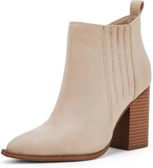 Womens Pointed Toe Slip on Ankle Booties Stacked Mid Block Heel Shoes Faux Leather Boots