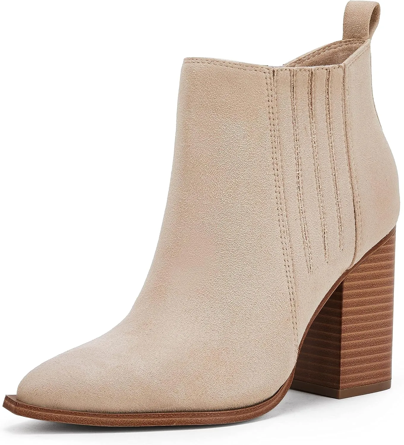 Womens Pointed Toe Slip on Ankle Booties Stacked Mid Block Heel Shoes Faux Leather Boots
