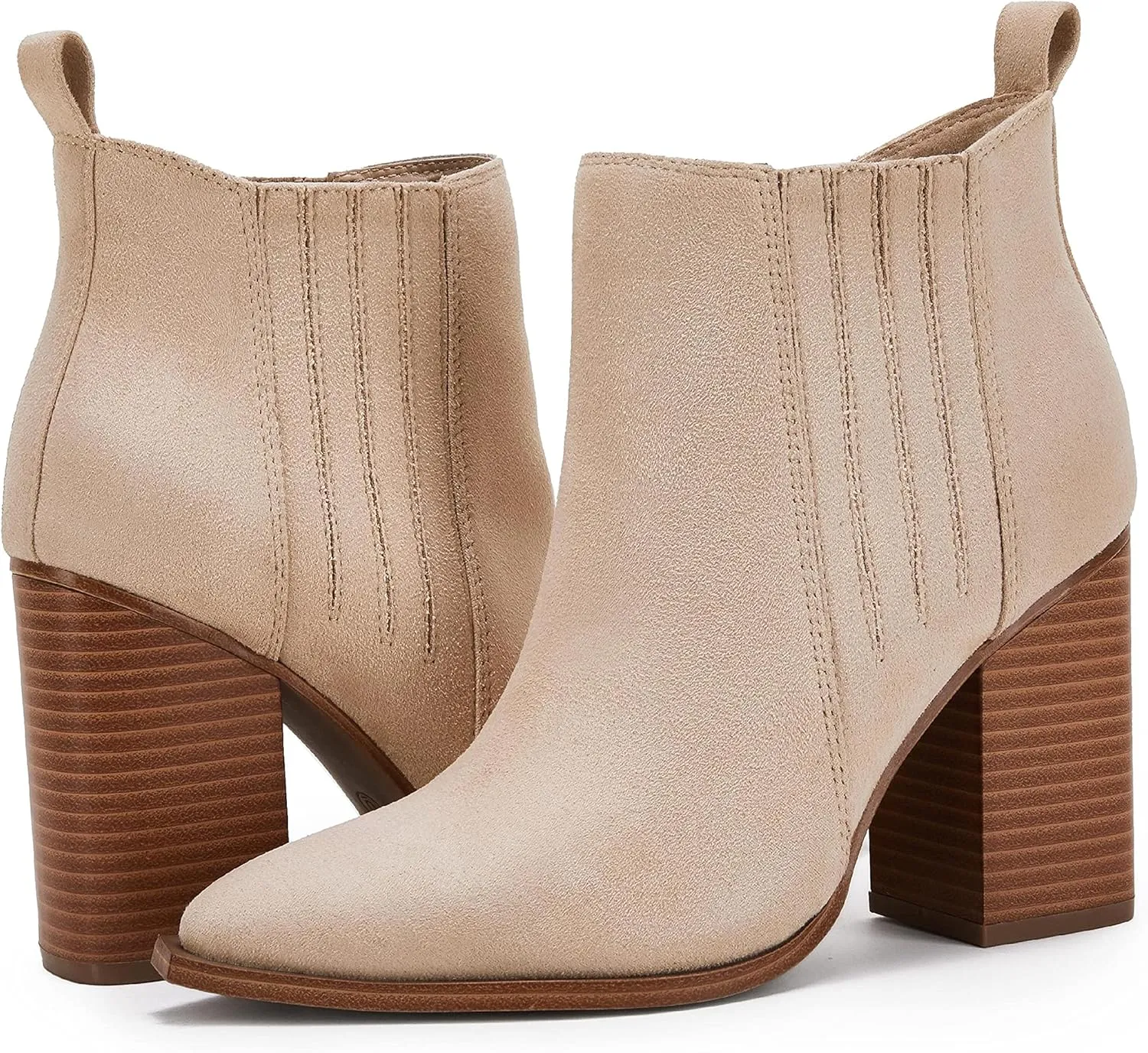 Womens Pointed Toe Slip on Ankle Booties Stacked Mid Block Heel Shoes Faux Leather Boots