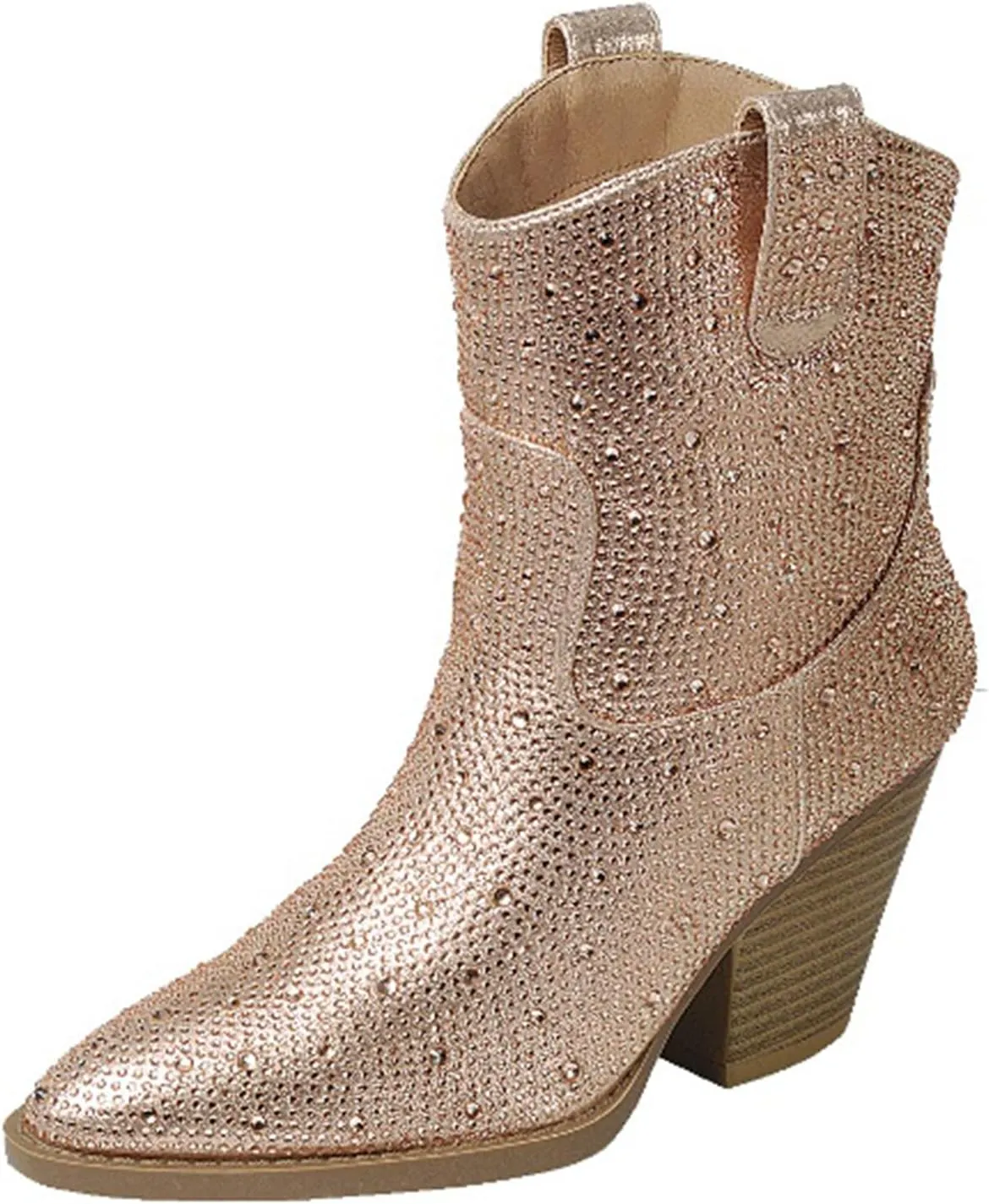 Women's Rhinestone Block Heel Mid Calf Short Ankle Booties Knee High Boots