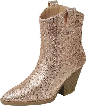 Women's Rhinestone Block Heel Mid Calf Short Ankle Booties Knee High Boots