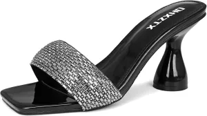 Women's Rhinestone Chunky Heel Mules Sandals Square Open Toe Slip On Kitten Heeled Backless Slides Slippers Fashion Wedges Pumps Dress Shoes Sexy
