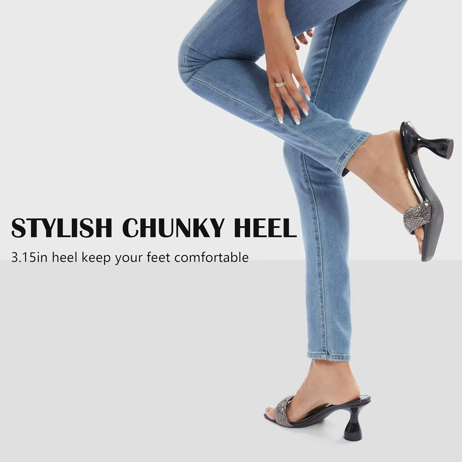 Women's Rhinestone Chunky Heel Mules Sandals Square Open Toe Slip On Kitten Heeled Backless Slides Slippers Fashion Wedges Pumps Dress Shoes Sexy