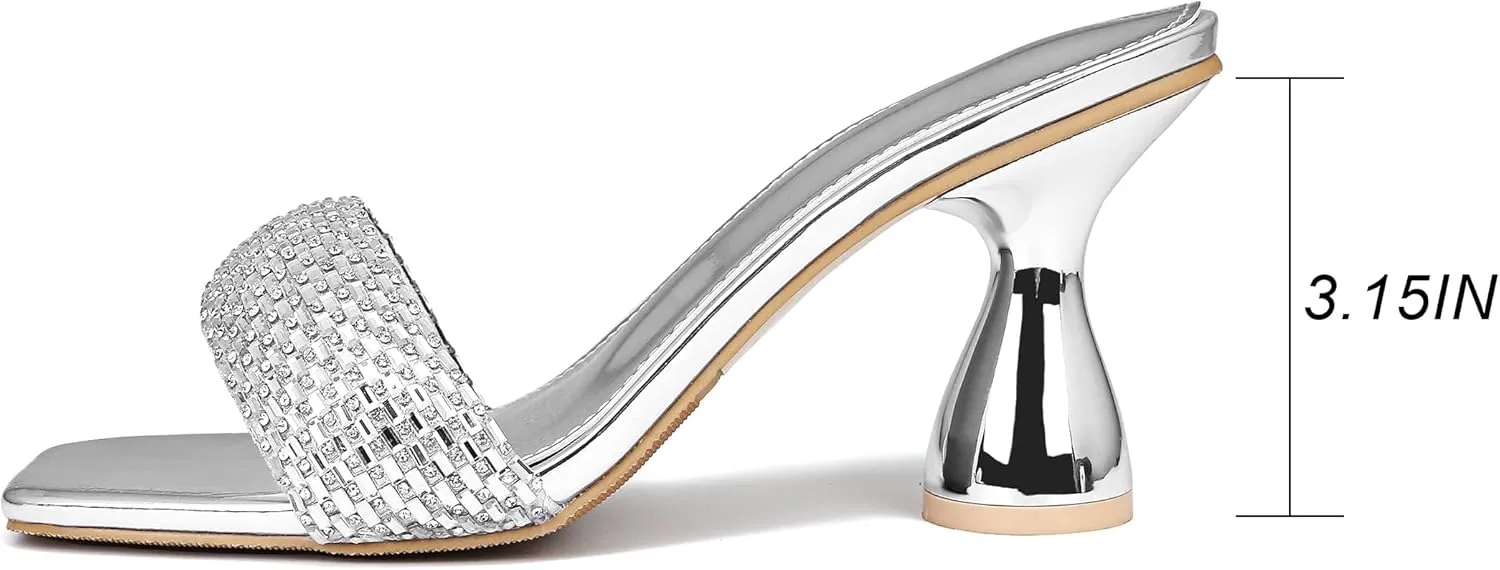 Women's Rhinestone Chunky Heel Mules Sandals Square Open Toe Slip On Kitten Heeled Backless Slides Slippers Fashion Wedges Pumps Dress Shoes Sexy