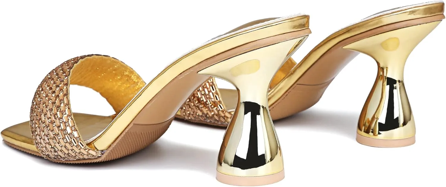 Women's Rhinestone Chunky Heel Mules Sandals Square Open Toe Slip On Kitten Heeled Backless Slides Slippers Fashion Wedges Pumps Dress Shoes Sexy