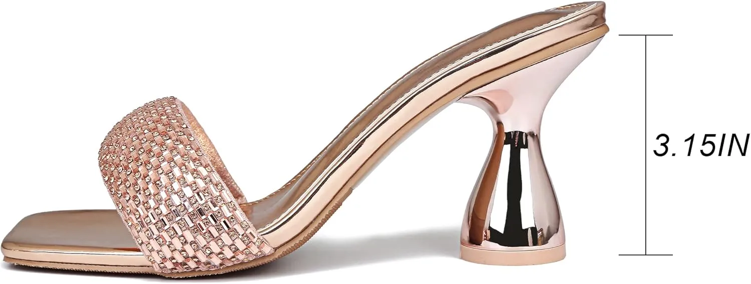 Women's Rhinestone Chunky Heel Mules Sandals Square Open Toe Slip On Kitten Heeled Backless Slides Slippers Fashion Wedges Pumps Dress Shoes Sexy