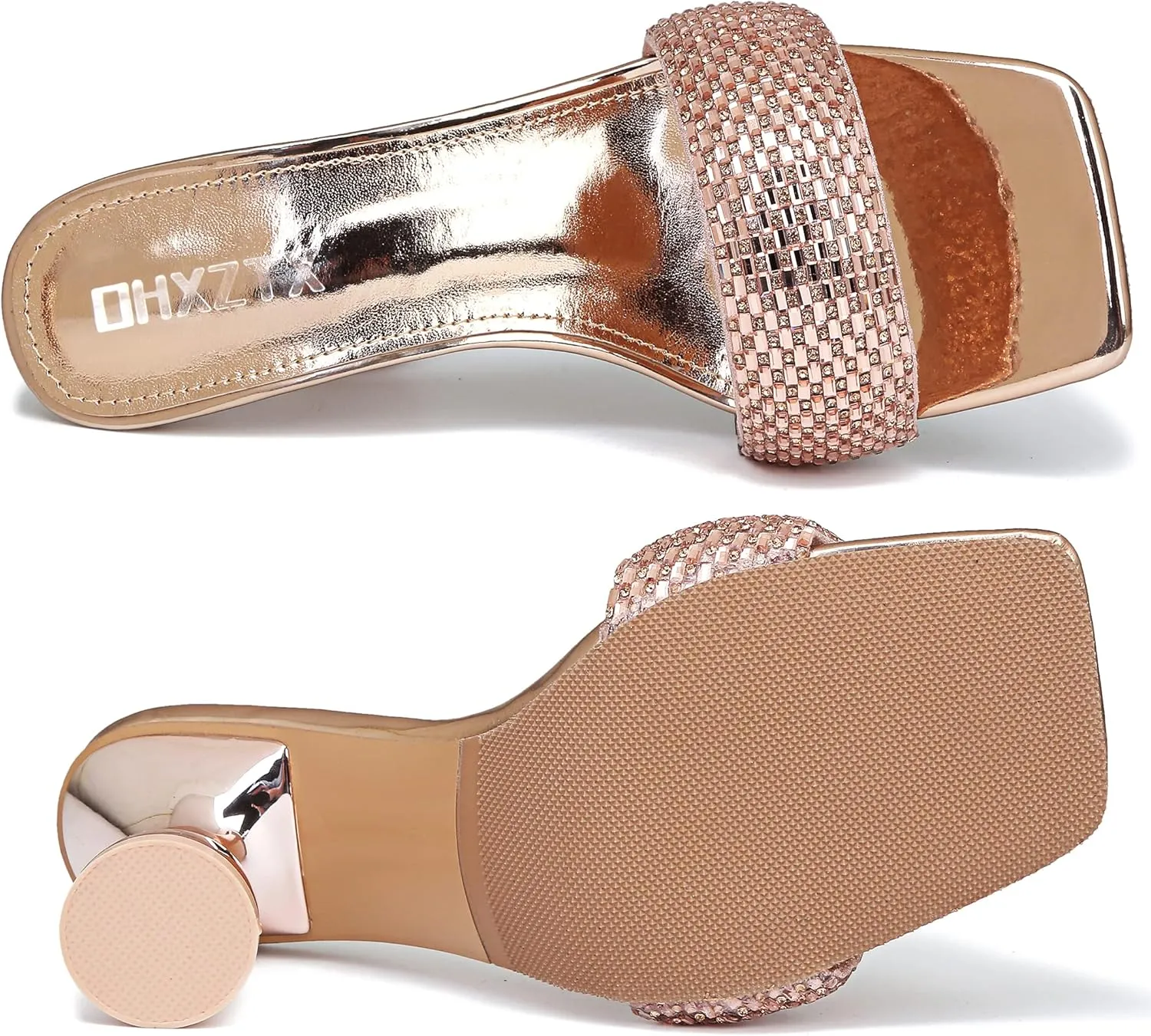 Women's Rhinestone Chunky Heel Mules Sandals Square Open Toe Slip On Kitten Heeled Backless Slides Slippers Fashion Wedges Pumps Dress Shoes Sexy