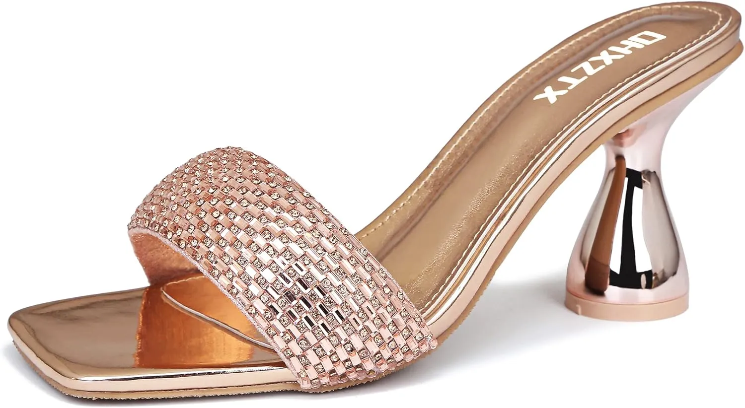 Women's Rhinestone Chunky Heel Mules Sandals Square Open Toe Slip On Kitten Heeled Backless Slides Slippers Fashion Wedges Pumps Dress Shoes Sexy