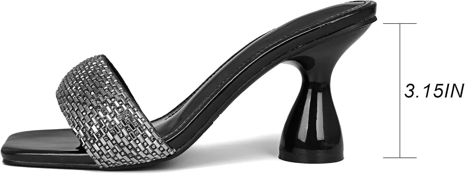 Women's Rhinestone Chunky Heel Mules Sandals Square Open Toe Slip On Kitten Heeled Backless Slides Slippers Fashion Wedges Pumps Dress Shoes Sexy