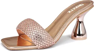 Women's Rhinestone Chunky Heel Mules Sandals Square Open Toe Slip On Kitten Heeled Backless Slides Slippers Fashion Wedges Pumps Dress Shoes Sexy