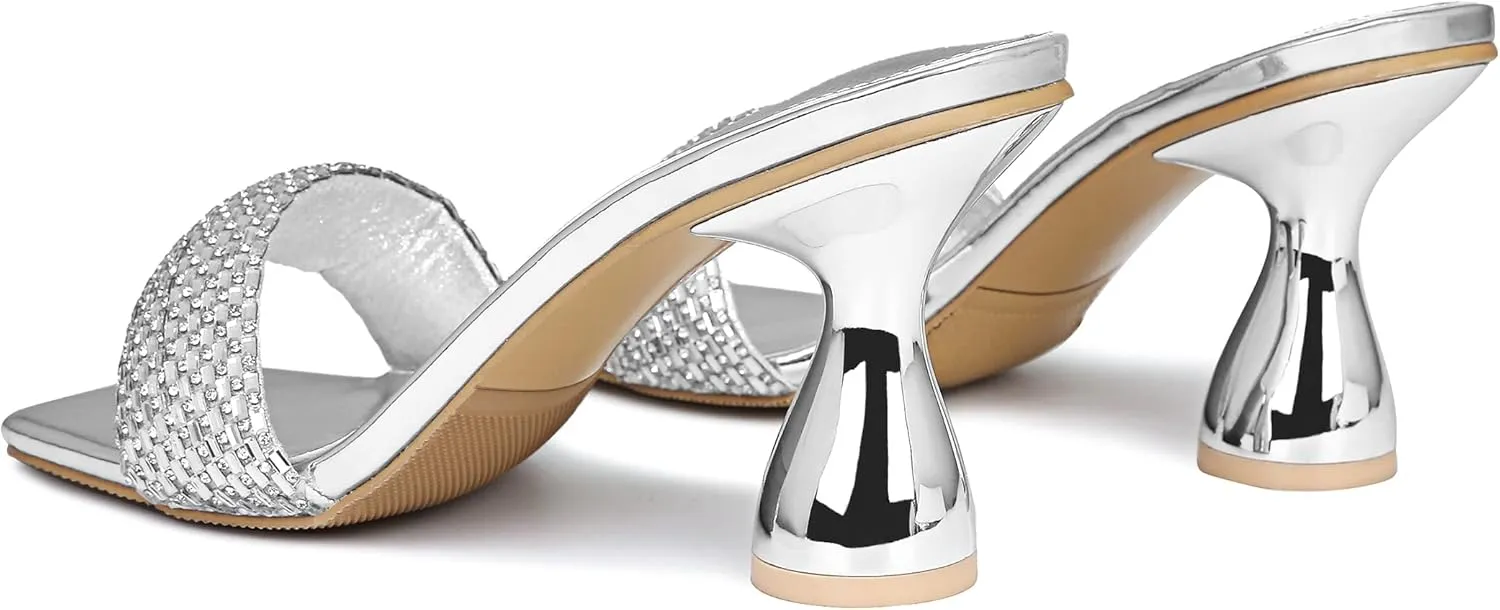 Women's Rhinestone Chunky Heel Mules Sandals Square Open Toe Slip On Kitten Heeled Backless Slides Slippers Fashion Wedges Pumps Dress Shoes Sexy