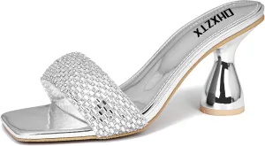 Women's Rhinestone Chunky Heel Mules Sandals Square Open Toe Slip On Kitten Heeled Backless Slides Slippers Fashion Wedges Pumps Dress Shoes Sexy