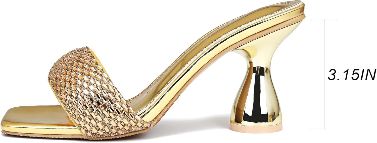 Women's Rhinestone Chunky Heel Mules Sandals Square Open Toe Slip On Kitten Heeled Backless Slides Slippers Fashion Wedges Pumps Dress Shoes Sexy