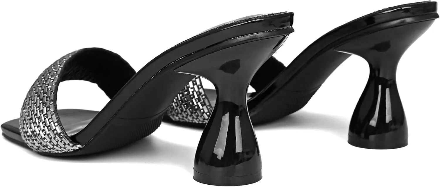 Women's Rhinestone Chunky Heel Mules Sandals Square Open Toe Slip On Kitten Heeled Backless Slides Slippers Fashion Wedges Pumps Dress Shoes Sexy