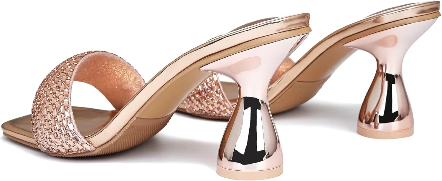 Women's Rhinestone Chunky Heel Mules Sandals Square Open Toe Slip On Kitten Heeled Backless Slides Slippers Fashion Wedges Pumps Dress Shoes Sexy