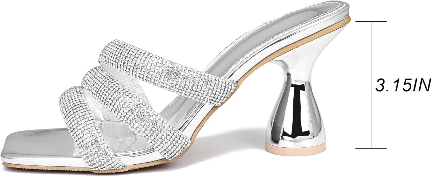 Women's Rhinestone Square Heeled Sandals Slip On Peep Toe Chunky Block Kitten High Heels Mules Slippers Slides Fashion Wedding Dress Backless Pump Shoes