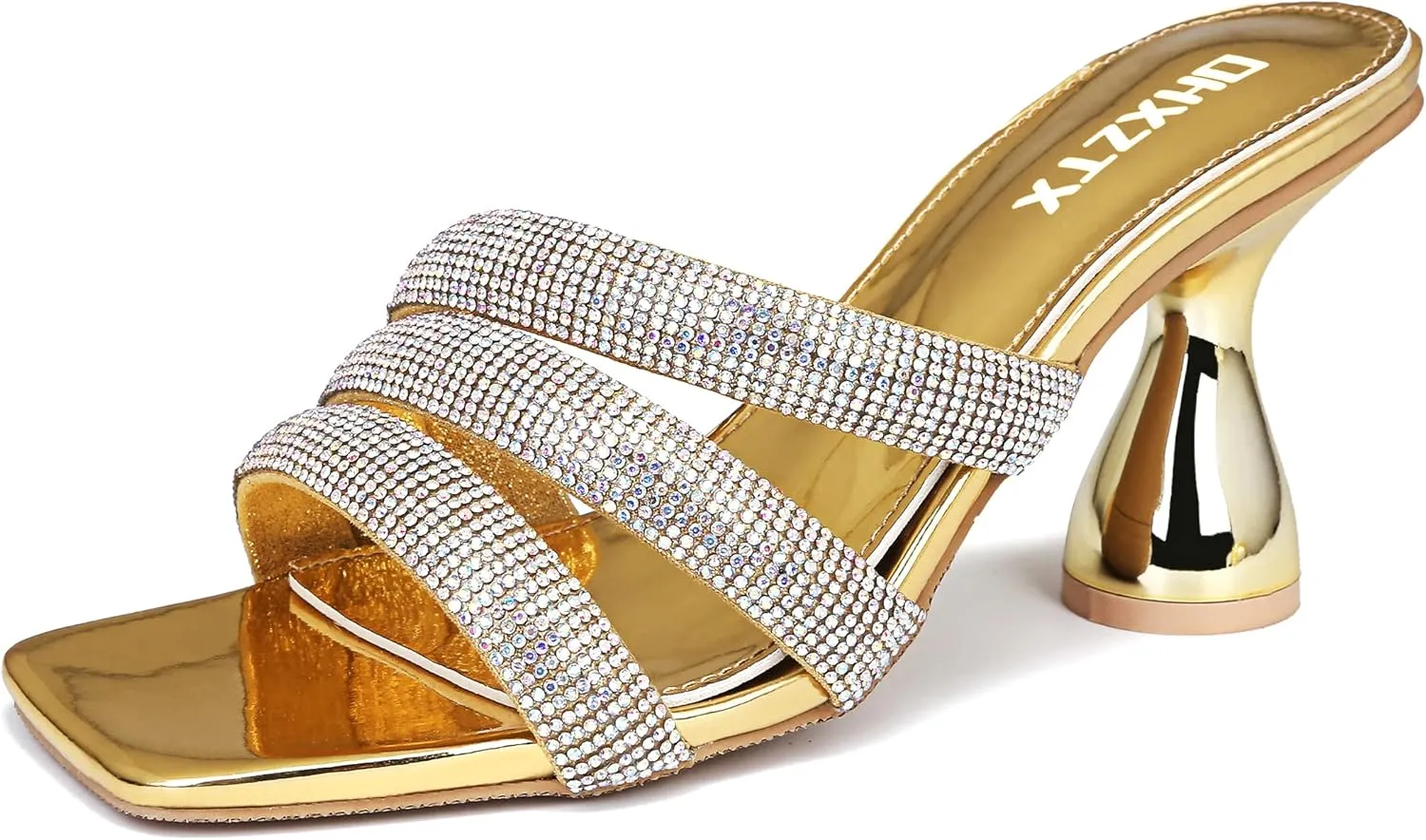 Women's Rhinestone Square Heeled Sandals Slip On Peep Toe Chunky Block Kitten High Heels Mules Slippers Slides Fashion Wedding Dress Backless Pump Shoes