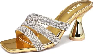 Women's Rhinestone Square Heeled Sandals Slip On Peep Toe Chunky Block Kitten High Heels Mules Slippers Slides Fashion Wedding Dress Backless Pump Shoes