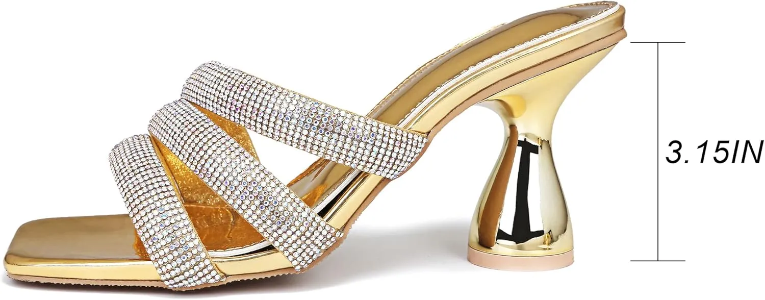 Women's Rhinestone Square Heeled Sandals Slip On Peep Toe Chunky Block Kitten High Heels Mules Slippers Slides Fashion Wedding Dress Backless Pump Shoes