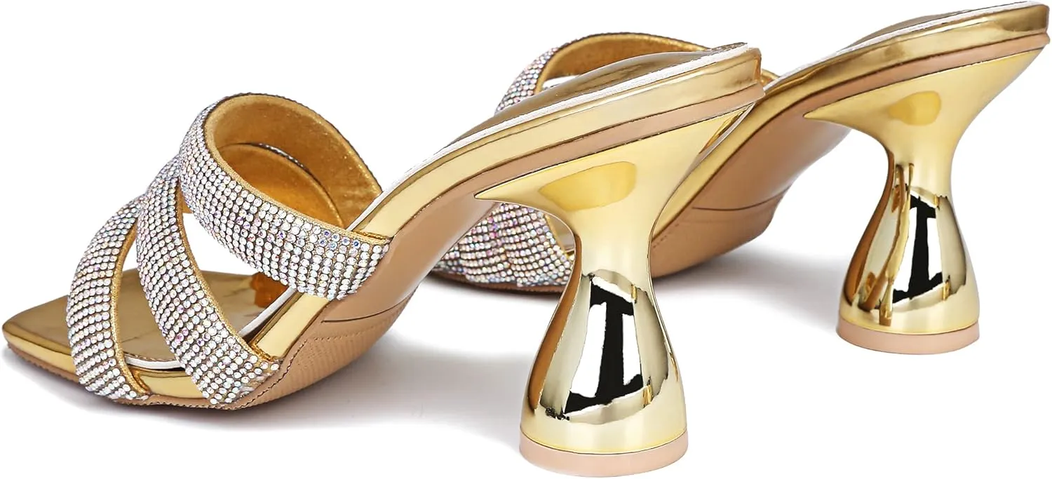 Women's Rhinestone Square Heeled Sandals Slip On Peep Toe Chunky Block Kitten High Heels Mules Slippers Slides Fashion Wedding Dress Backless Pump Shoes