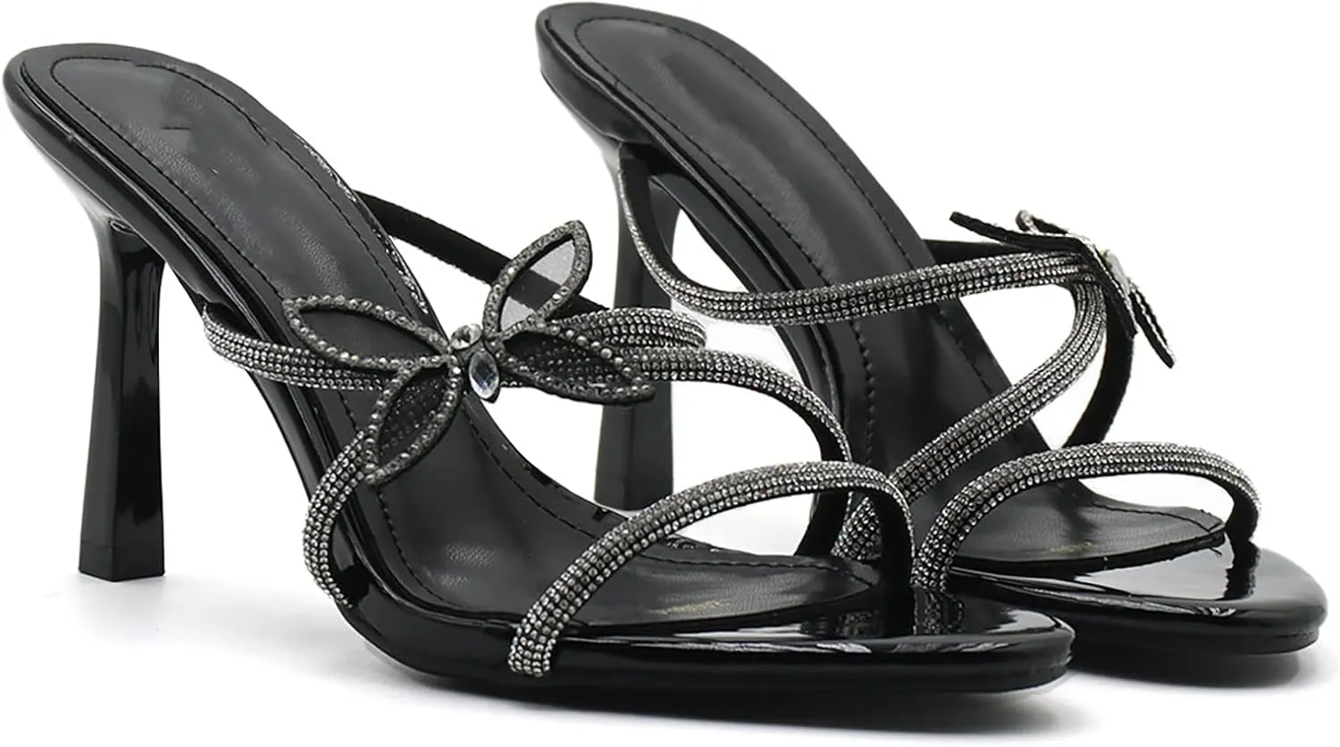 Women's Rhinestone Strappy Stiletto Slide Sandals Fashion Butterfly Decoration Slip-On Round Open Toe High Heels Summer Wedding Prom Dresses Mule Sandals