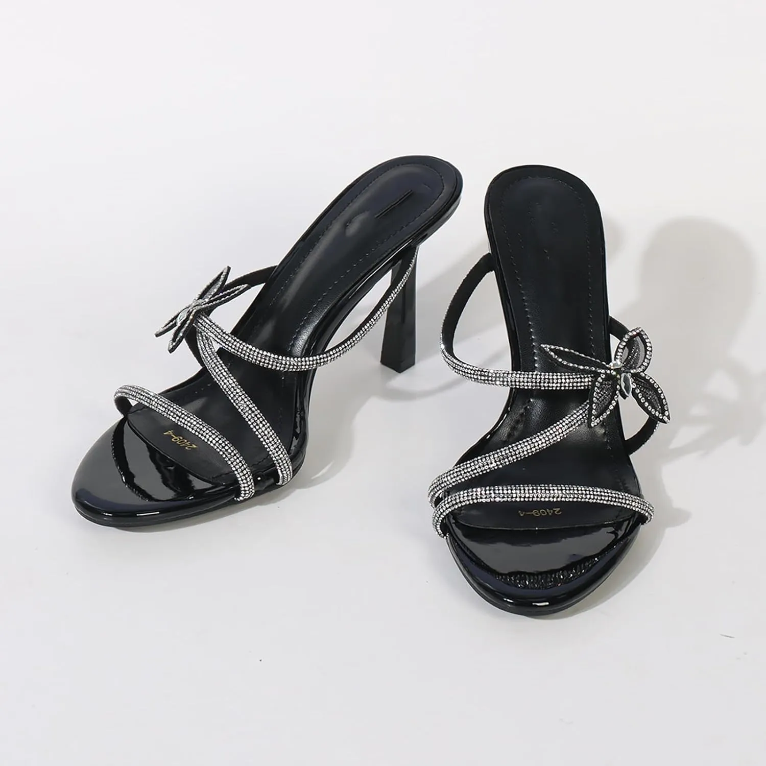 Women's Rhinestone Strappy Stiletto Slide Sandals Fashion Butterfly Decoration Slip-On Round Open Toe High Heels Summer Wedding Prom Dresses Mule Sandals