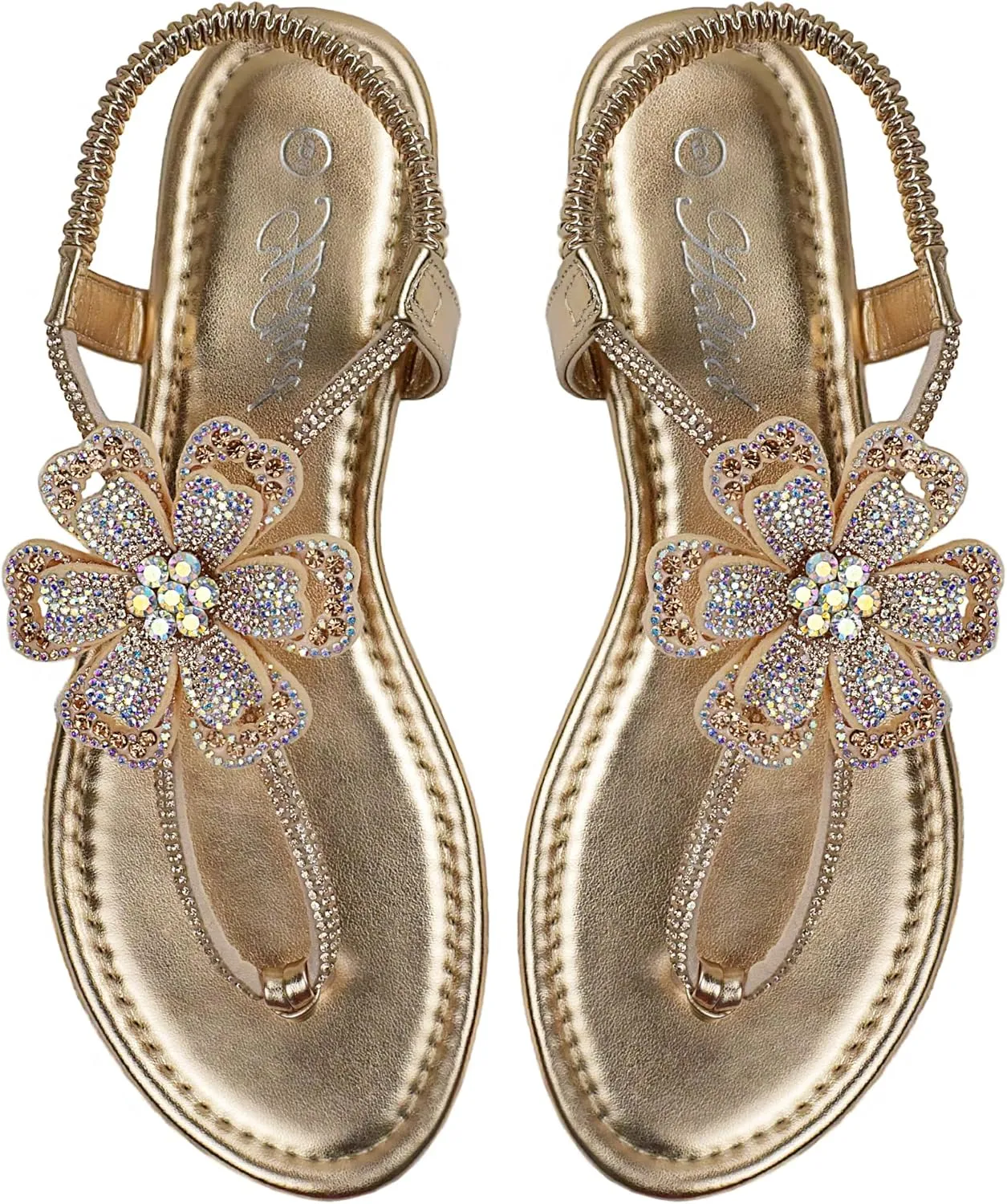 Women's Rhinestone Thong Flat Sandals T-Strap Flower Boho Wedding Dressy Sandals