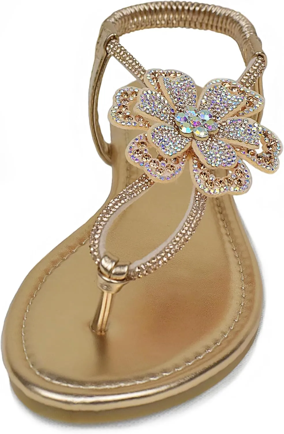 Women's Rhinestone Thong Flat Sandals T-Strap Flower Boho Wedding Dressy Sandals