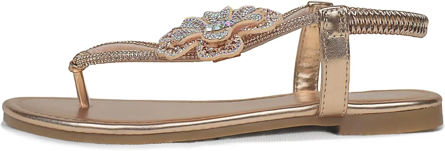 Women's Rhinestone Thong Flat Sandals T-Strap Flower Boho Wedding Dressy Sandals