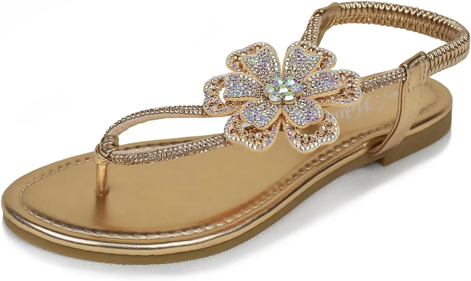 Women's Rhinestone Thong Flat Sandals T-Strap Flower Boho Wedding Dressy Sandals