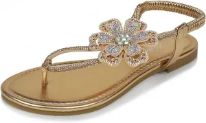 Women's Rhinestone Thong Flat Sandals T-Strap Flower Boho Wedding Dressy Sandals