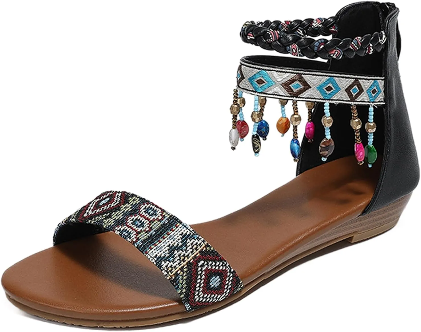 Women's Rhinestones Beaded Gladiator Sandals Ankle Strap Zip Back Flat Sandals Boho Style Summer Casual Comfortable Shoes