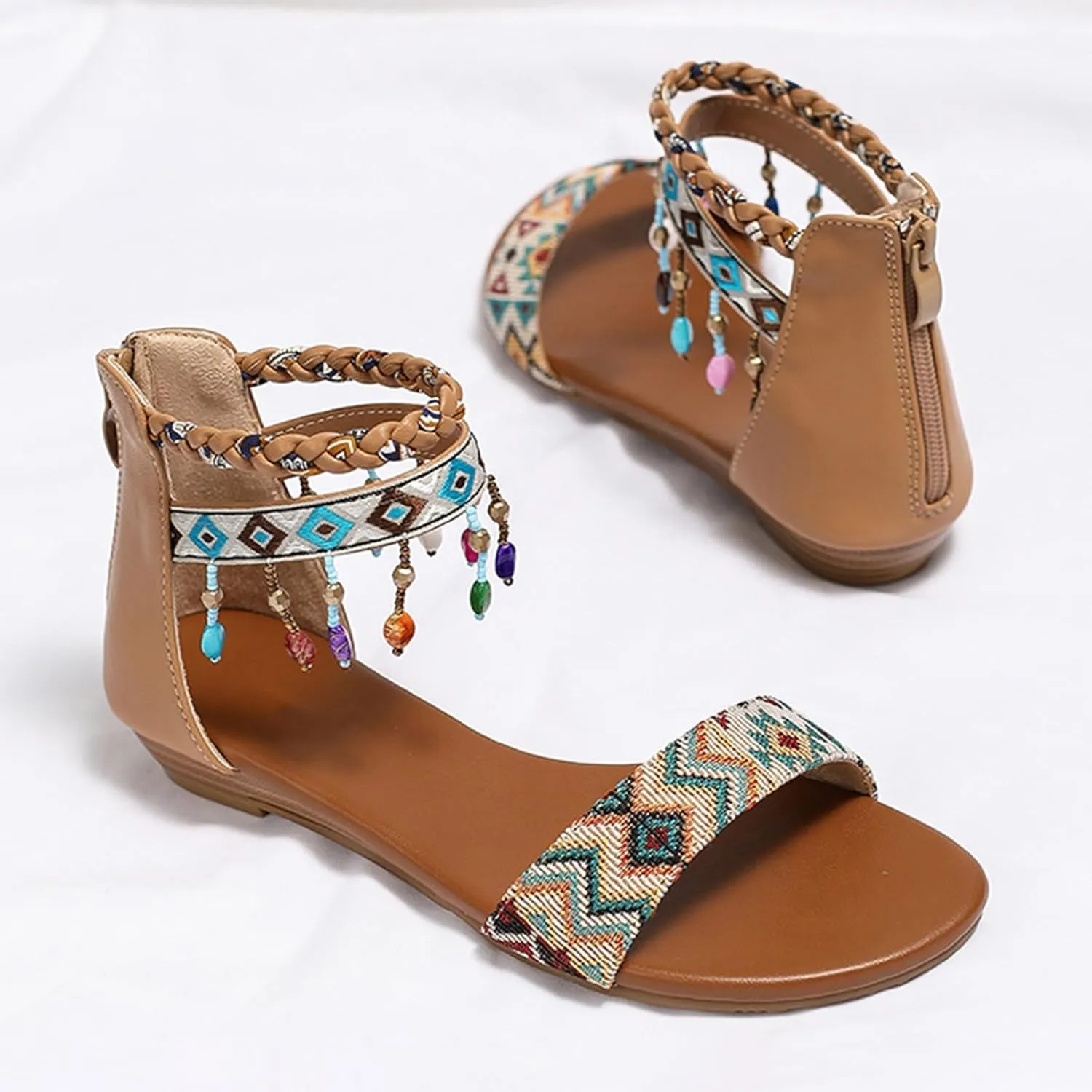 Women's Rhinestones Beaded Gladiator Sandals Ankle Strap Zip Back Flat Sandals Boho Style Summer Casual Comfortable Shoes